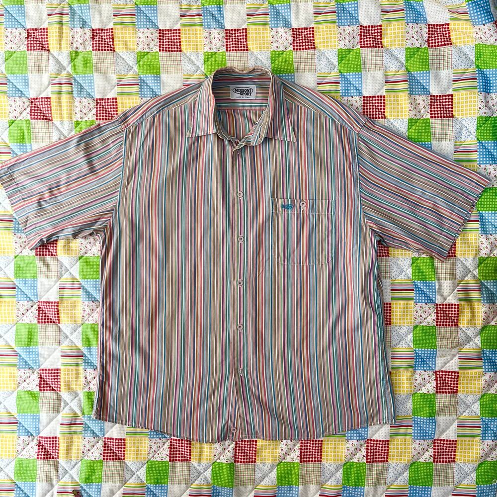 Vintage 90s Missoni Sport Shirt Button Down Striped Multicolor // Size Large